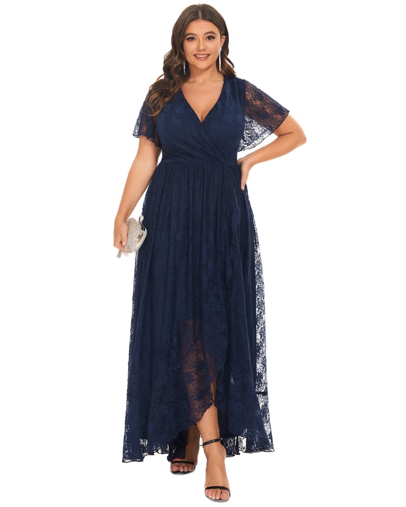 Front of a model wearing a size 24 Short Sleeve Ruffled V-Neck A-Line Lace Evening Dress in Navy Blue by Ever-Pretty. | dia_product_style_image_id:285621